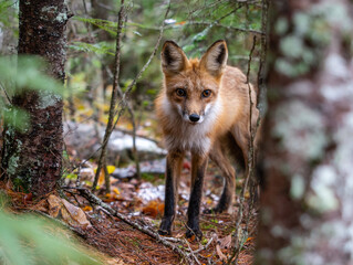 Fototapeta premium A stunning red fox with a fluffy tail stands in an autumn pine forest, gazing directly at the camera. The scene features soft natural lighting, earthy forest floor textures, and blurred trees.