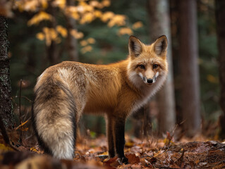 Fototapeta premium A stunning red fox with a fluffy tail stands in an autumn pine forest, gazing directly at the camera. The scene features soft natural lighting, earthy forest floor textures, and blurred trees.