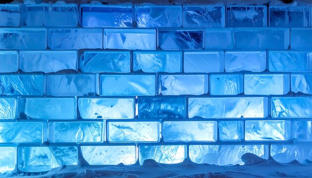 Serene blue ice brick wall exhibiting cold winter textures and transparent beauty