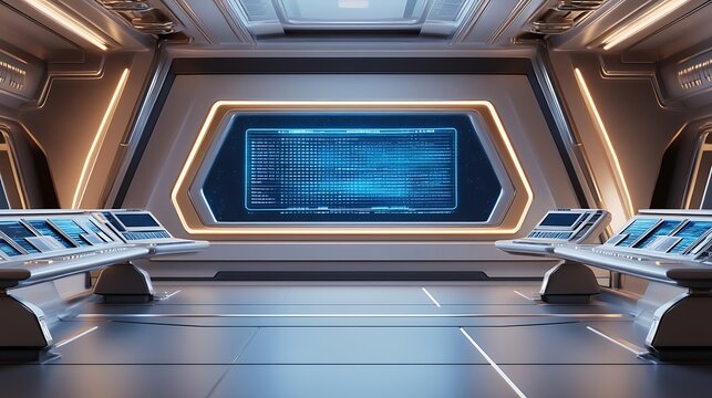 Futuristic spaceship cockpit interior design with glowing holographic data screen and advanced control panels for science fiction exploration or command center.