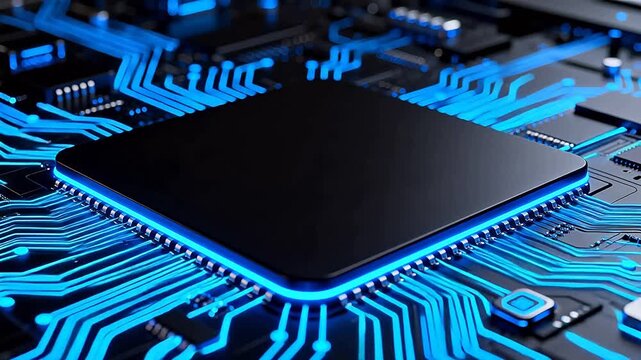 Microchip on circuit board with glowing blue lines