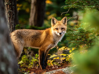 Fototapeta premium A stunning red fox with a fluffy tail stands in an autumn pine forest, gazing directly at the camera. The scene features soft natural lighting, earthy forest floor textures, and blurred trees.