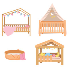 Obraz premium Set of Baby cribs. Different kind of kid's bed. Flat vector in cartoon style isolated on white background.