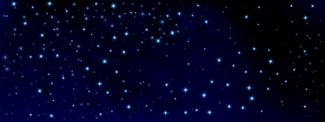 Blue starry night sky background. Shimmering starfield with bright flares on dark cosmic gradient. Space poster, astronomy banner, fantasy wallpaper, winter card backdrop. Vector texture. © YEVHENIIA