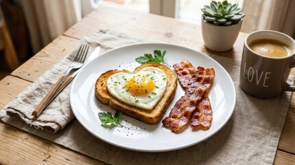 Heart-Shaped Breakfast: A beautifully arranged breakfast featuring a heart-shaped egg on toast, crispy bacon strips, a cup of coffee and a small succulent.