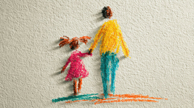 Crayon drawing child parent love, family bond, holding hand, sketch, pastel color on paper, warm emotional moment, tender care