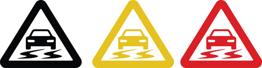 Warning signs indicating potential road hazards involving vehicles and water