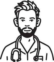 Obraz premium Hand Drawn Man as Nurse Black and White Avatar Illustration in Minimal Line Art Style Design
