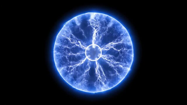 Glowing blue plasma ball with electric lightning on black background