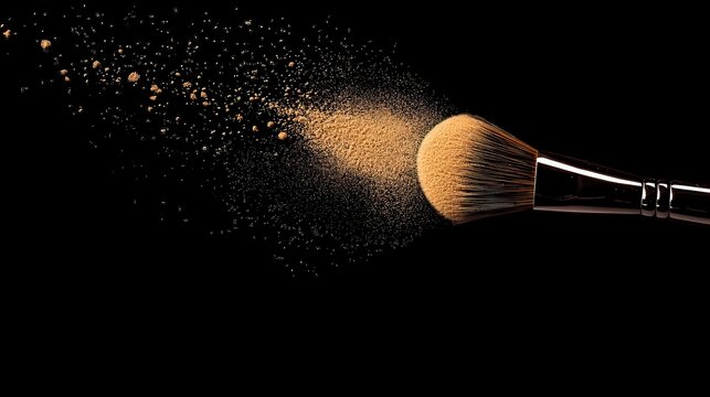 A close-up of a makeup brush dispersing powder against a dark background, perfect for beauty blogs, cosmetic advertisements, or tutorials highlighting makeup application techniques,