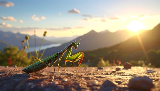 Praying mantis basking in the sunset glow amidst mountainous scenery