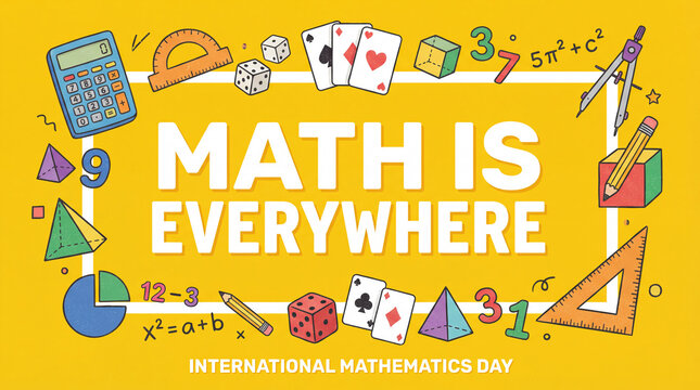 International Mathematics Day bright yellow poster with math is everywhere message for educational campaign and classroom decoration