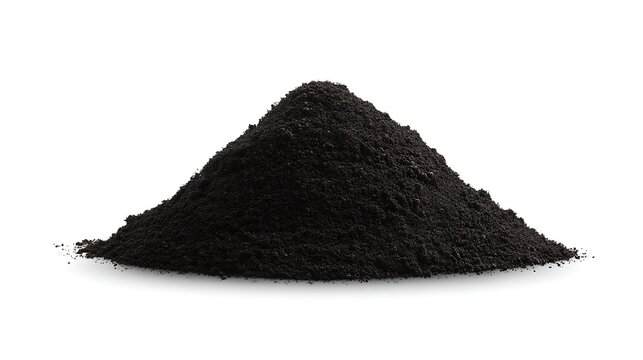 Isolated mound of rich black organic soil or fine dark compost powder piled high on a clean white background surface ready for gardening use.