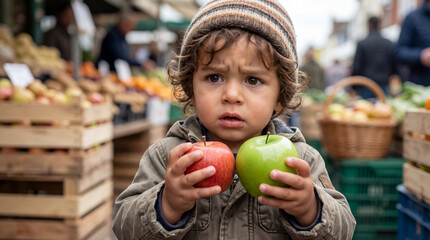 Fototapeta premium Consumer Rights Day confused toddler comparing real and fake apples for authenticity awareness campaign editorial