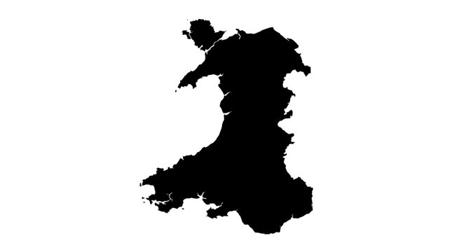 Black Silhouette Map of Wales Isolated on White Background - Geographic Outline of Cymru, UK