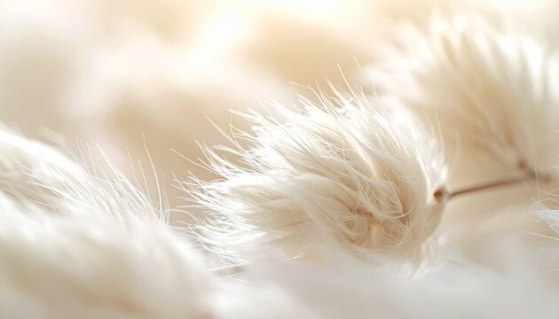 Soft, fluffy willow flowers growing along thin branches, illuminated by warm natural sunlight. The fine white fibers shine against the soft pastel background
