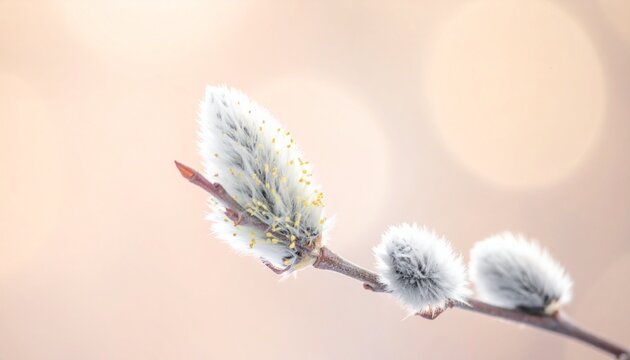 Soft, fluffy willow flowers growing along thin branches, illuminated by warm natural sunlight. The fine white fibers shine against the soft pastel background