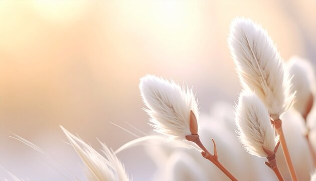 Soft, fluffy willow flowers growing along thin branches, illuminated by warm natural sunlight. The fine white fibers shine against the soft pastel background