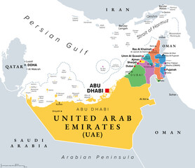 Emirates of the United Arab Emirates, political map, with capital Abu Dhabi. UAE, consisting of the seven emirates Abu Dhabi, Ajman, Dubai, Fujairah, Ras Al Khaimah, Sharjah, and Umm Al Quwain. Vector