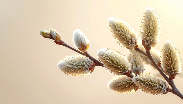 Soft, fluffy willow flowers growing along thin branches, illuminated by warm natural sunlight. The fine white fibers shine against the soft pastel background