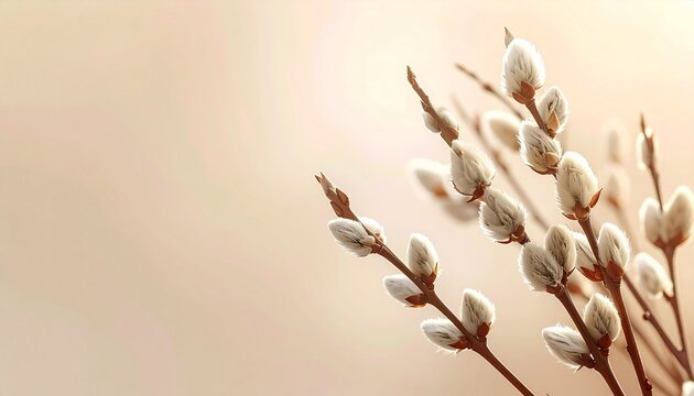 Soft, fluffy willow flowers growing along thin branches, illuminated by warm natural sunlight. The fine white fibers shine against the soft pastel background