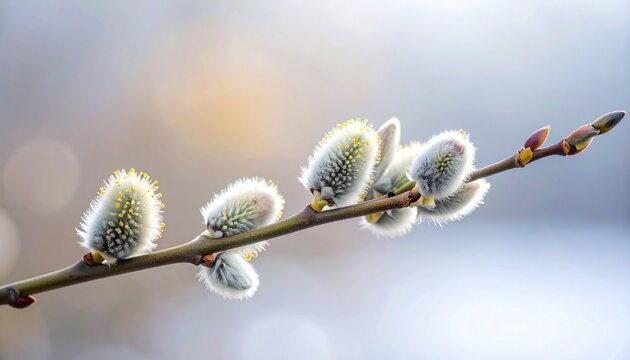 Soft, fluffy willow flowers growing along thin branches, illuminated by warm natural sunlight. The fine white fibers shine against the soft pastel background