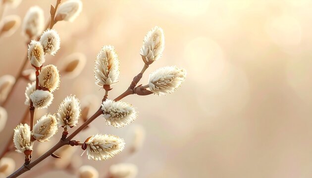 Soft, fluffy willow flowers growing along thin branches, illuminated by warm natural sunlight. The fine white fibers shine against the soft pastel background