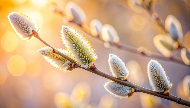 Soft, fluffy willow flowers growing along thin branches, illuminated by warm natural sunlight. The fine white fibers shine against the soft pastel background