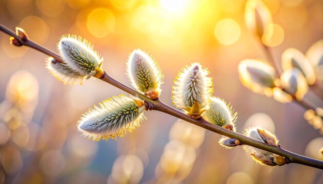 Soft, fluffy willow flowers growing along thin branches, illuminated by warm natural sunlight. The fine white fibers shine against the soft pastel background