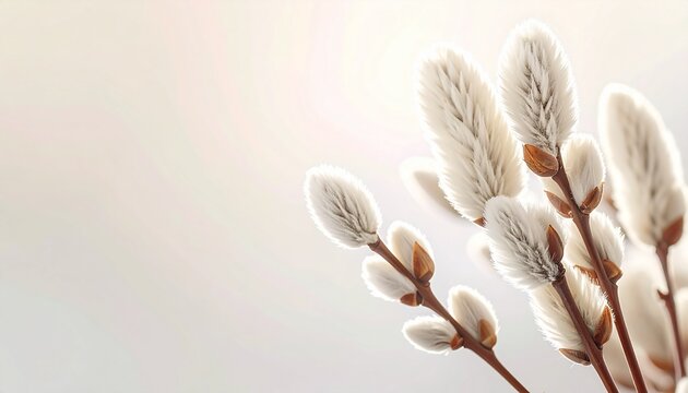 Soft, fluffy willow flowers growing along thin branches, illuminated by warm natural sunlight. The fine white fibers shine against the soft pastel background
