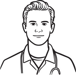 Obraz premium Hand Drawn Man as Nurse Black and White Avatar Illustration in Minimal Line Art Style Design