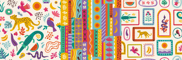 Exotic patchwork. Seamless print of tropical flowers animals and leaves, abstract tropic floral geometric shapes with jungle safari motifs. Vector boho texture © User9875462