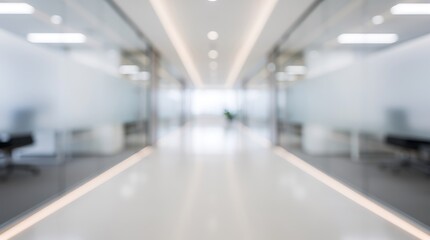 Fototapeta premium Defocused background of modern long glass office corridor hallway