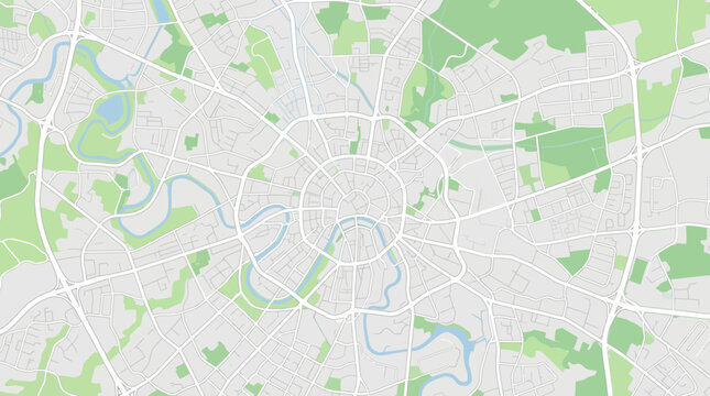Minimalist City Map Vector Illustration featuring Radial Layout, Urban Streets, Parks and Rivers
