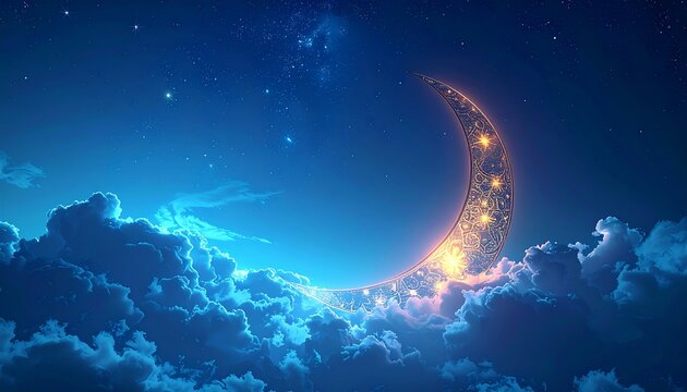 Glowing Crescent Moon Ramadan Night Background with Stars