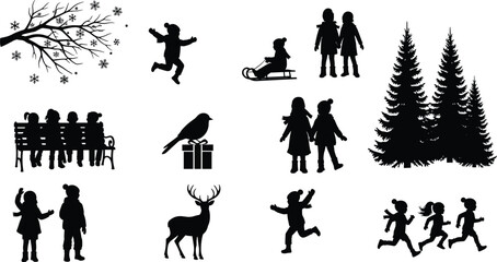 PrintWinter collection of children silhouettes playing in snow with reindeer trees and birds © Nazmun