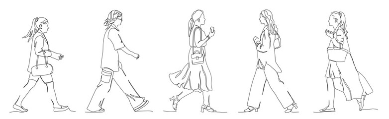 People walking set. Side view. Continuous line drawing.  Vector illustration in line art style. Editable stroke.