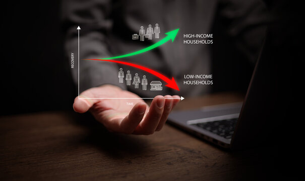 K-shaped economy recovery concept. Man holds digital graph showing the divergence between high-income and low-income households over time. Wealth inequality, income gap, and uneven recovering.