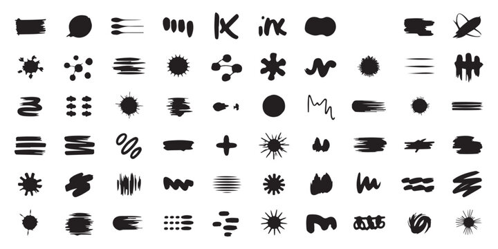 Large set of black ink splatters, dots, and abstract hand-drawn marks
