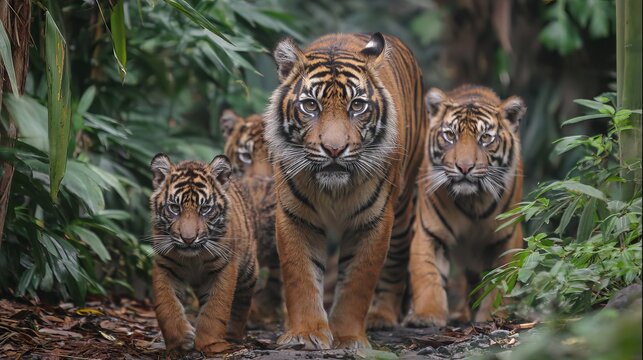 Sumatran tigers, a family of wild cats, live in Sumatra.
