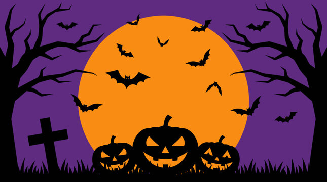 Spooky Halloween Night Background with Silhouetted Jack-o'-Lanterns, Flying Bats, and Gnarled Trees Against a Large Full Moon and Purple Sky
