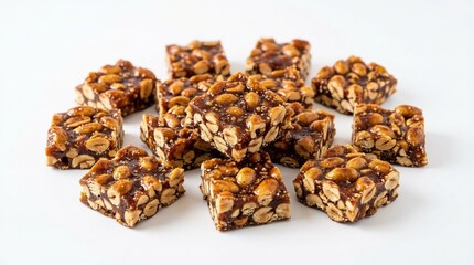 Obraz premium Pile of peanut brittle candy squares on a white background