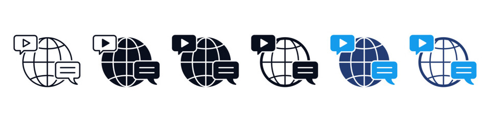 Global media communication icon set with speech bubbles and globe, video play and chat bubbles iconrepresenting online content sharing, social interaction, social media, and online translation