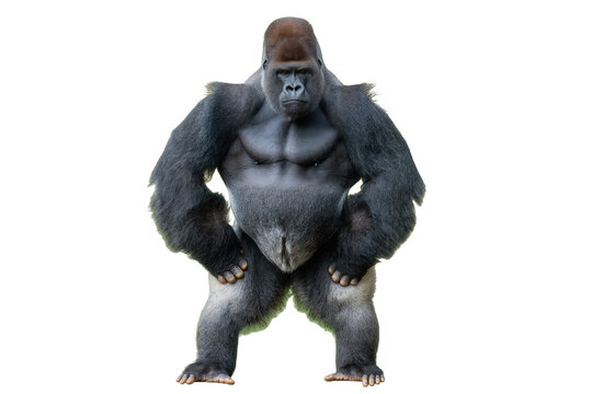 Powerful silverback gorilla standing confidently with hands on hips, a majestic primate isolated on transparent background, full body PNG