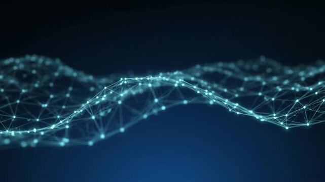 Digital network connection with glowing nodes and lines, abstract technology background showing data flow and communication futuristic style, forming wave pattern representing advanced data