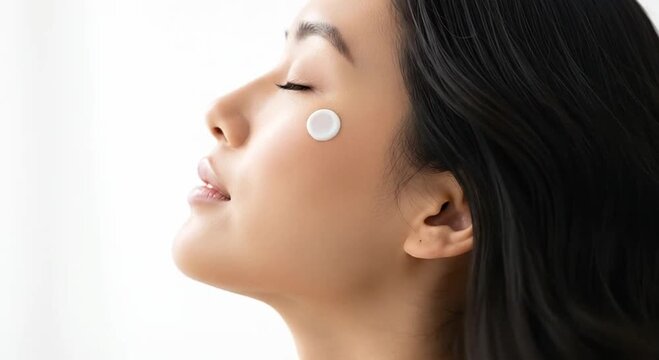 Profile of a serene young woman with a white skincare patch on her temple, eyes closed