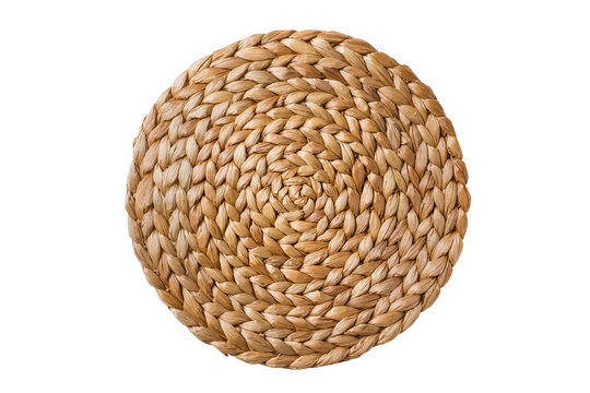 Circular woven natural fiber placemat with a beautiful spiral texture, isolated object for rustic home decor and dining table settings PNG