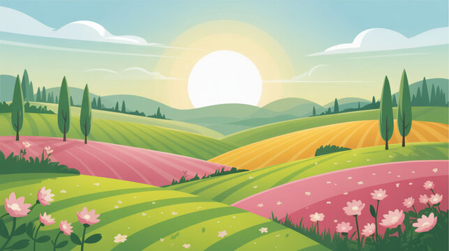 Vector illustration of colorful rolling hills with flowers at sunset