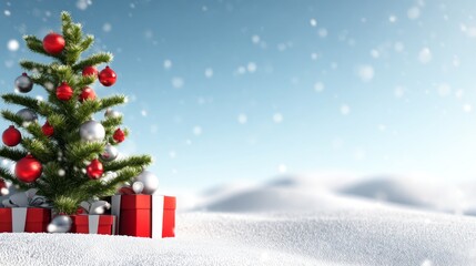 Stunning Christmas Tree with Metallic Ornaments Surrounded by Gifts in Snow