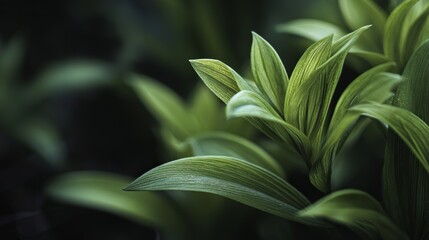 Obraz premium Plant's soft leaves show texture. Natural shapes flow. Bright green. Focused edges, blurry background create a dark mood.